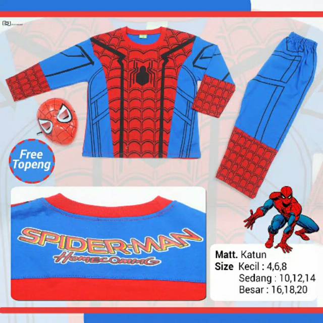 Setelan Baju Kostum Spiderman Anak Laki Laki Umur 1 - 11 Tahun Gratis Topeng