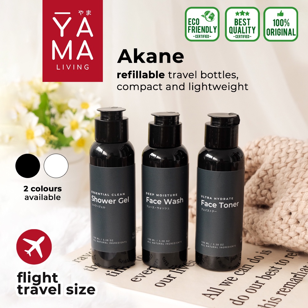 YAMA AKANE Refillable Travel Bottle Botol Sabun Shampoo Flight Toiletries Kit Kosmetik Putih Hitam