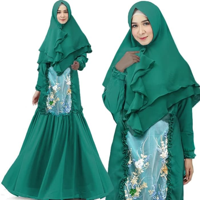 gamis pesta brokat brukat lace mewah hijau lebaran terbaru green