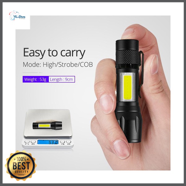 PAKET TaffLED Senter LED Mini ZOOM RECHARGEABLE BATTERY Q5 + COB Lentera 300 Lumens - 7098