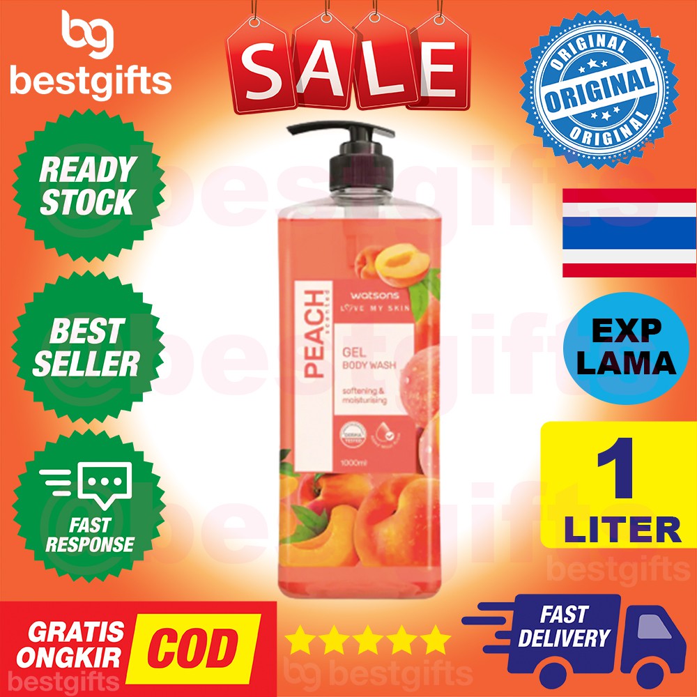 WATSONS GEL BODY WASH CREAM SABUN MANDI CAIR BADAN TUBUH HALUS LEMBAB LEMBUT WANGI PEACH 1 LITER