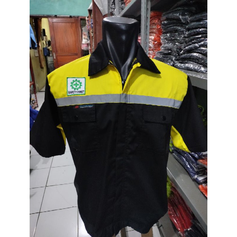 SERAGAM SAFETY LENGAN PENDEK KUNING DONGKER GELAP HITAM RESLETING FREE LOGO K3 BENDERA