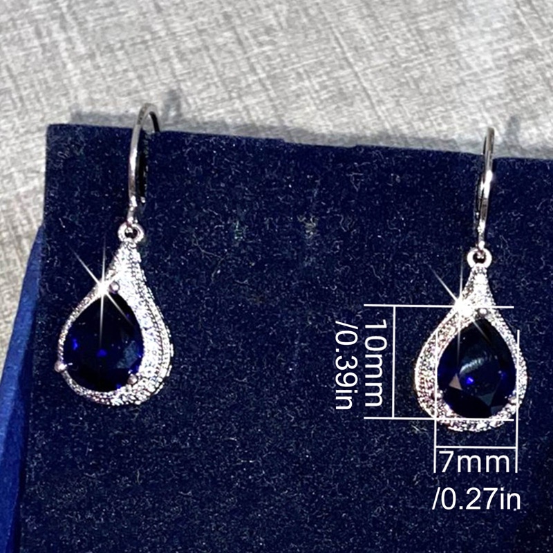 Anting Juntai Cubic Zirconia Bentuk Water Drop Warna Biru Untuk Wanita