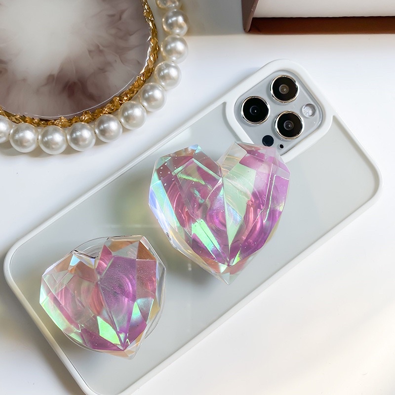 Pink Hologram Crystal Heart Popsocket Phone Holder Pegangan HP
