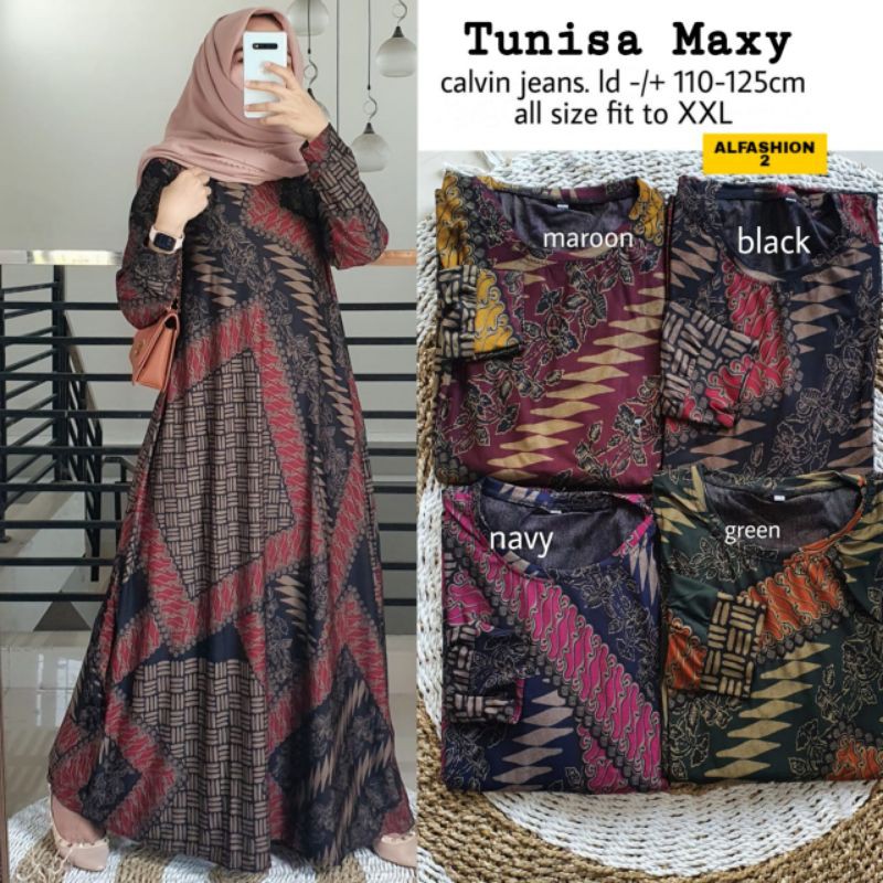 GAMIS JUMBO MOTIF BATIK TUNISA BAHAN CALVIN JEANS MELAR