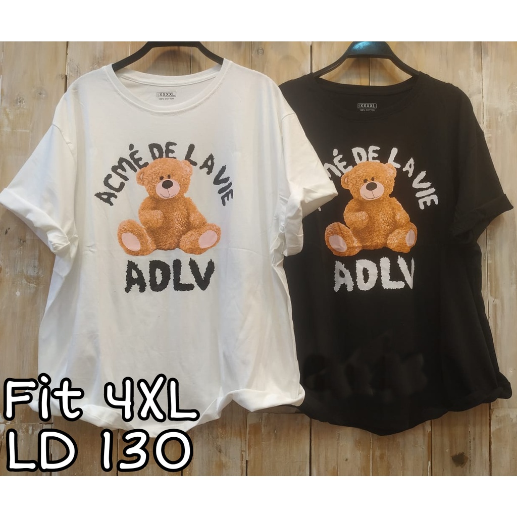 Kaos cewek jumbo XXXXL 4XL bear black white bahan combed adem LD130cm baju santai lengan pendek jumb