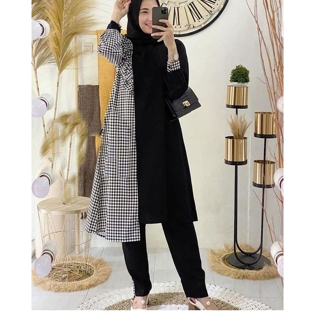 GAMIS BANDUNG [COD] Aliyah Set Pakaian Wanita Long Tunik Jumbo Tunik Katun Kotak Setelan Celana Panj