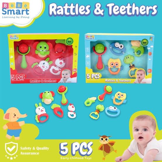 MAI580 BEBE SMART MAINAN ANAK RATTLES &amp; TEETHERS GIGITAN BAYI ISI 5PCS