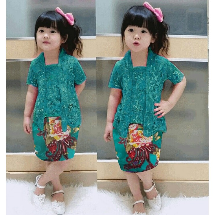 Setelan Anak Cantik Fit 2-3th, Kebaya Tosca+Rok Batik Hijau Bunga Kuning (Alya Girl)