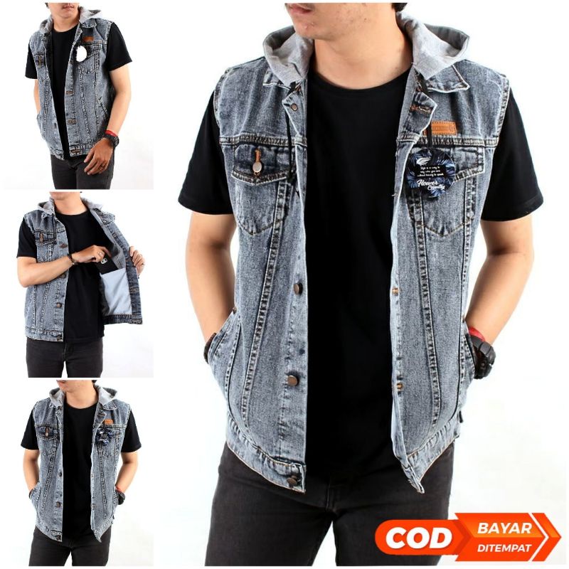 Rompi Jeans Hoodie Pria / Jaket Rompi Sandwash Denim Distro Original Flower Country