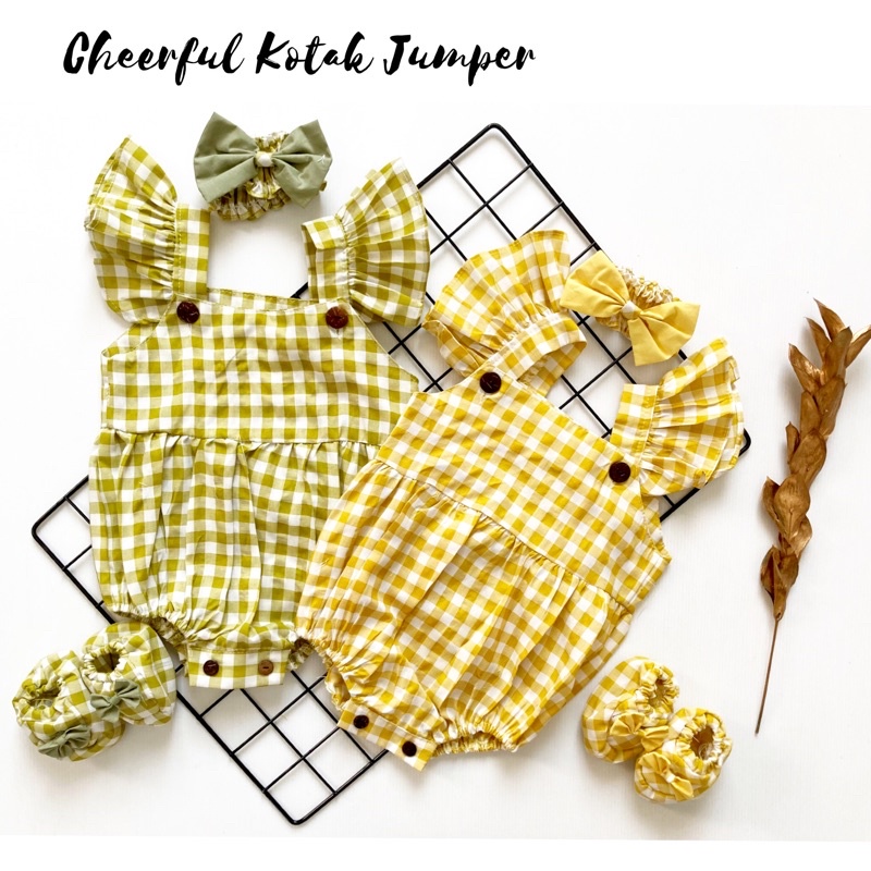 CHEERFUL / MICHA CHERRY BLOSSOM / EMMA JUMPER Baju setelan jumper rok bunga bandana sepatu pergi lucu fashion anak bayi perempuan-cheerful green kotak