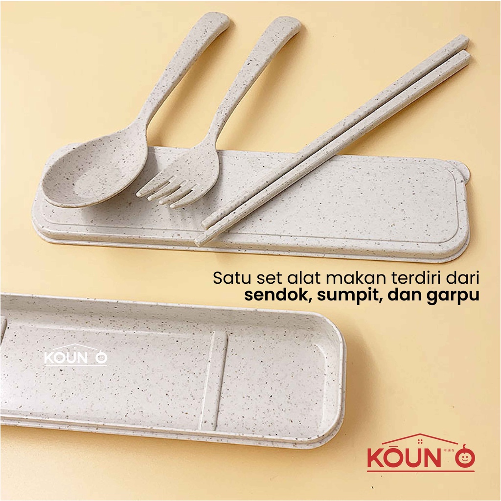 1 Set Alat Makan Sendok Garpu Sumpit + Box Plastik Jerami Wheat Straw Portable Travel Cutlery