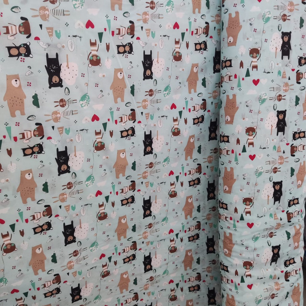 KAINKU - Kain Meteran Katun Lokal CVC motif anak bear family (harga 1 meter)