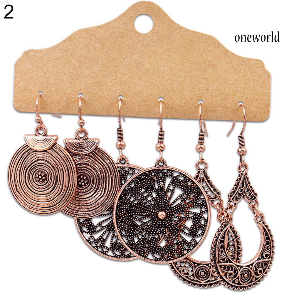 OW# 3Pairs Boho Gypsy Women Feather Round Hollow Dangle Hook Earrings Party Jewelry