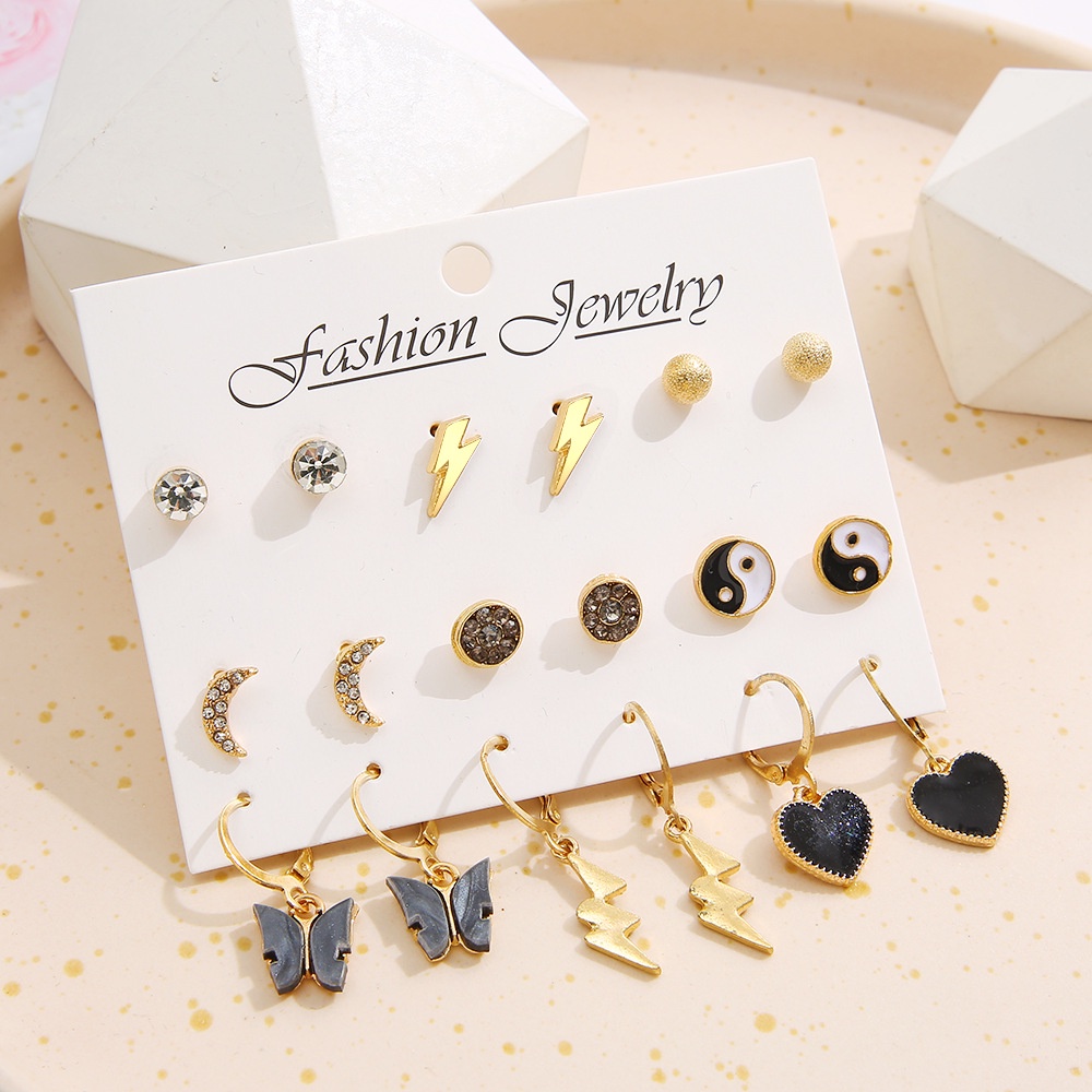 9 Pasang / Set Anting Tusuk Bentuk Bulat / Bulan / Hati Hitam / Kristal Untuk Perhiasan Wanita