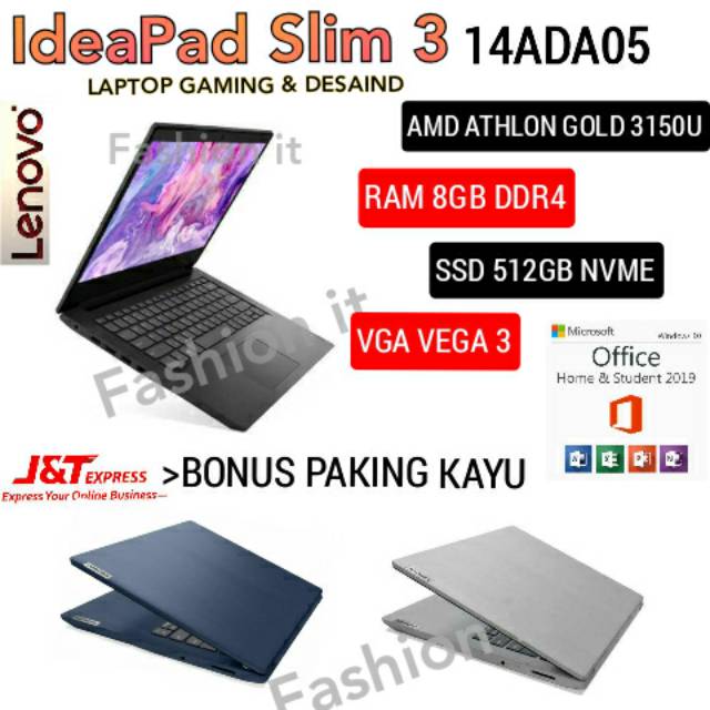 Laptop Lenovo Ideapad slim 3-14ADA05-AMD ATHLON GOLD 3150U-8GB-SSD 512GB-Windows 10+OHS