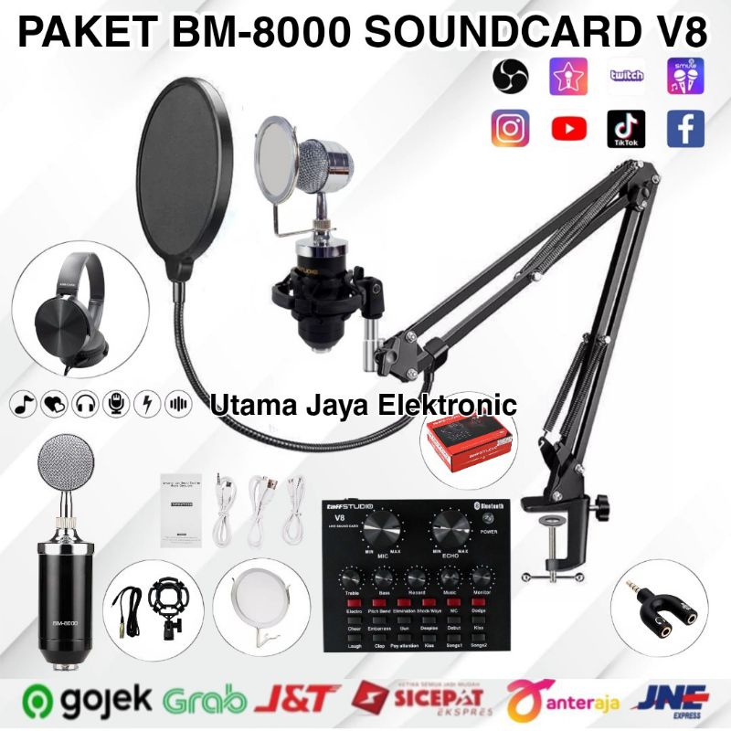 Paket Mic BM8000 Soundcard V8 Stand Arm  Pop Filter Recording Terbaik