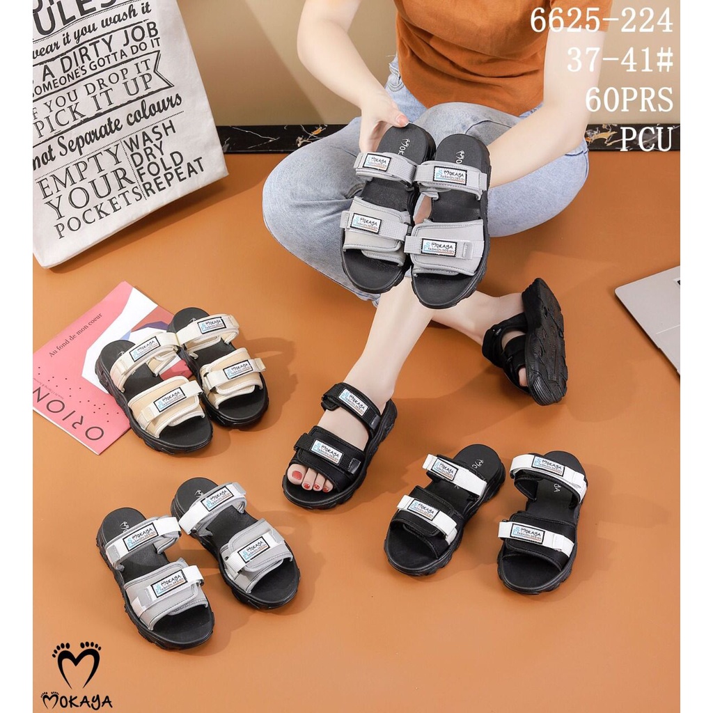 Sandal Slop Wedges Jelly Wanita Ban 2 Kretek Motif Strap Mokaya Velcro Super Pretty Kekinian Import Mokaya / Size 37-41 (6625-224)