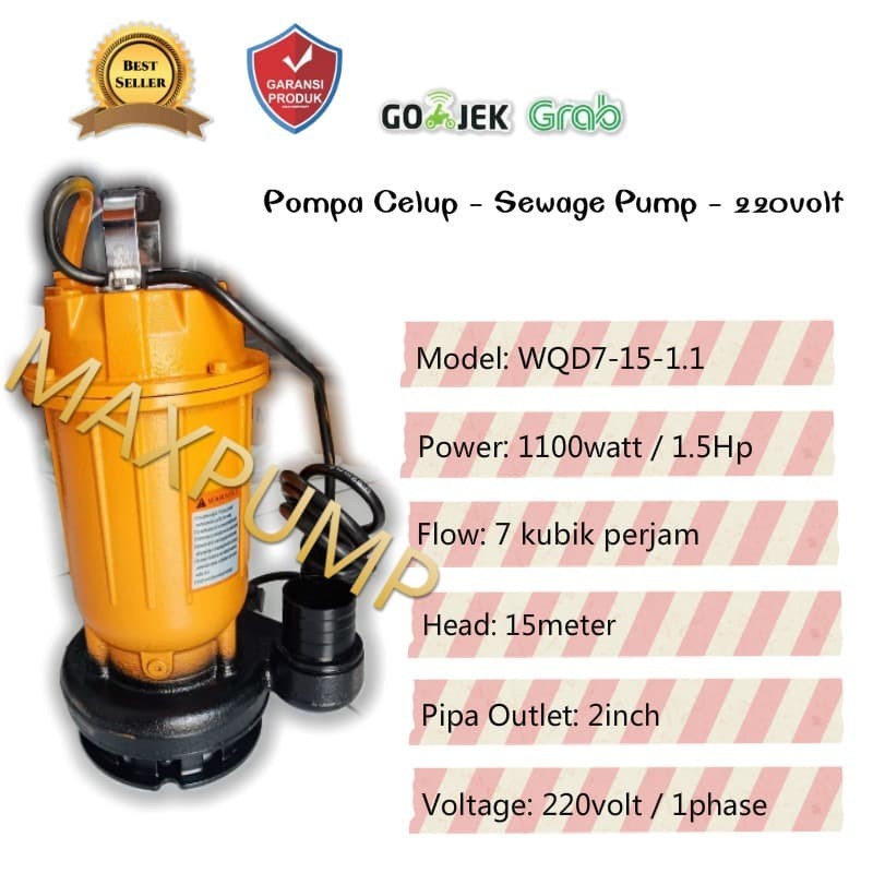 MAXPUMP WQD7-15-1.1 Pompa Celup Air Kotor  2Inch Sewage Pump 1.5Hp Submersible Pump Mesin Pompa Air untuk  kolam