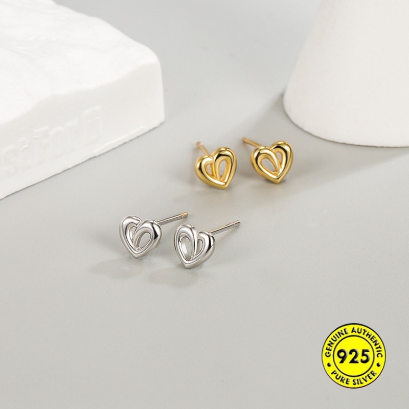 Anting Stud Bentuk Hati Bahan Sterling Silver Untuk Wanita