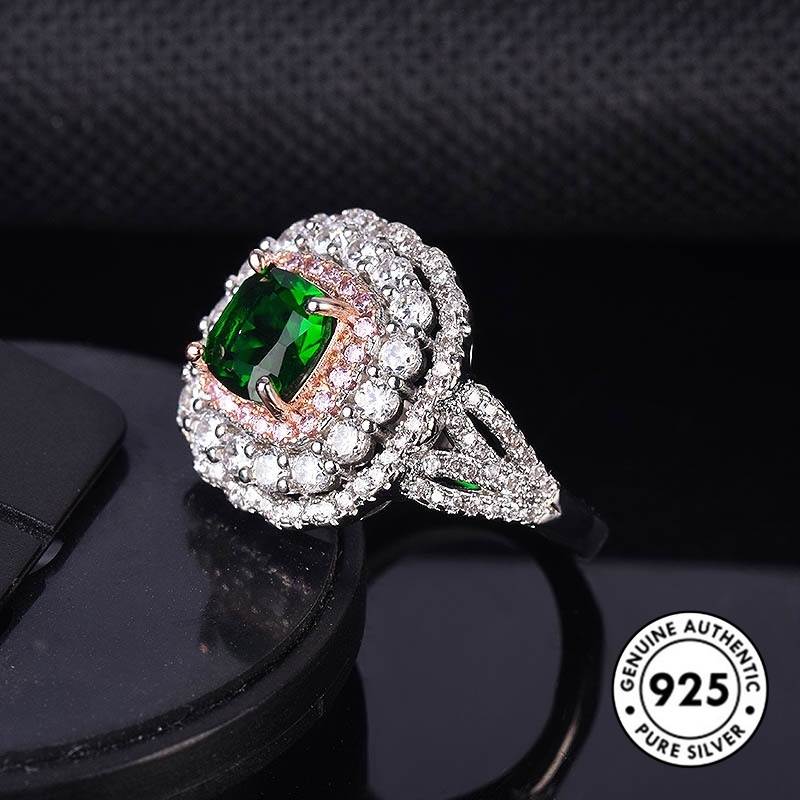 Cincin Sterling Silver 925 Dengan Emerald Elegan Untuk Wanita