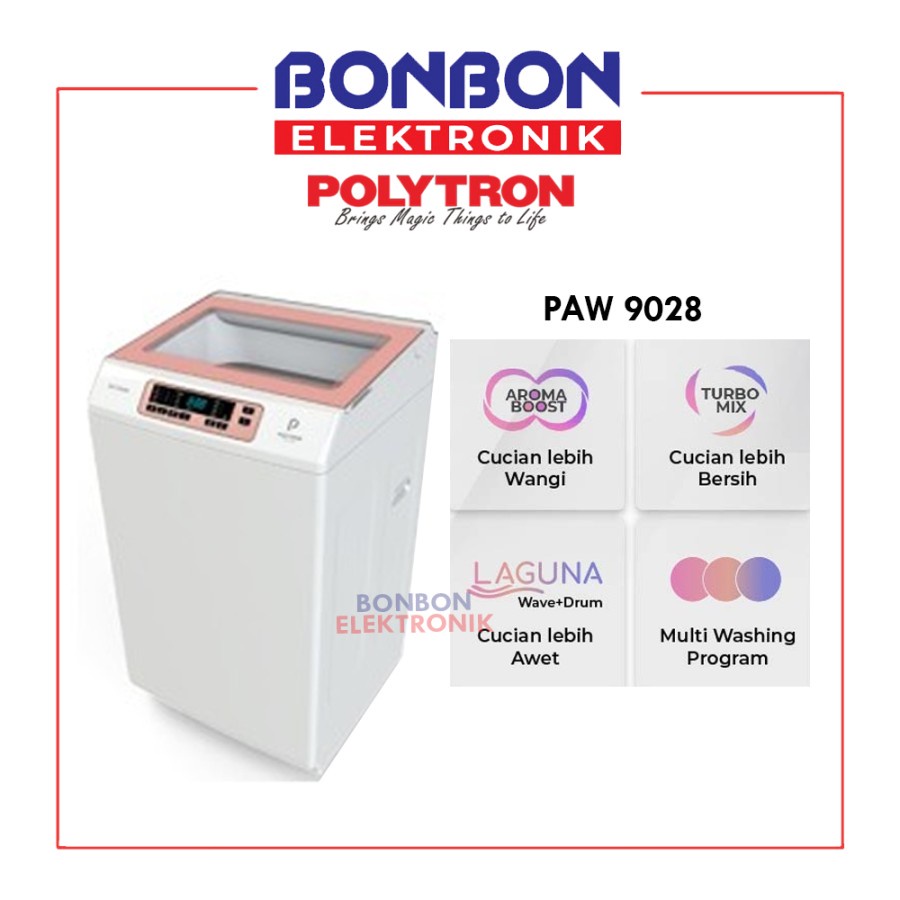 Polytron Mesin Cuci 1 Tabung 9KG PAW 9028W / ZEROMATIC PAW 9028 W