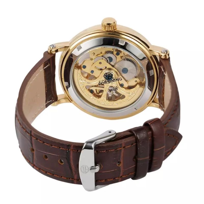 Jam Tangan Forsining Retro Klasik Transparan Automatic Mechanical Golden Luxury Tali Kulit