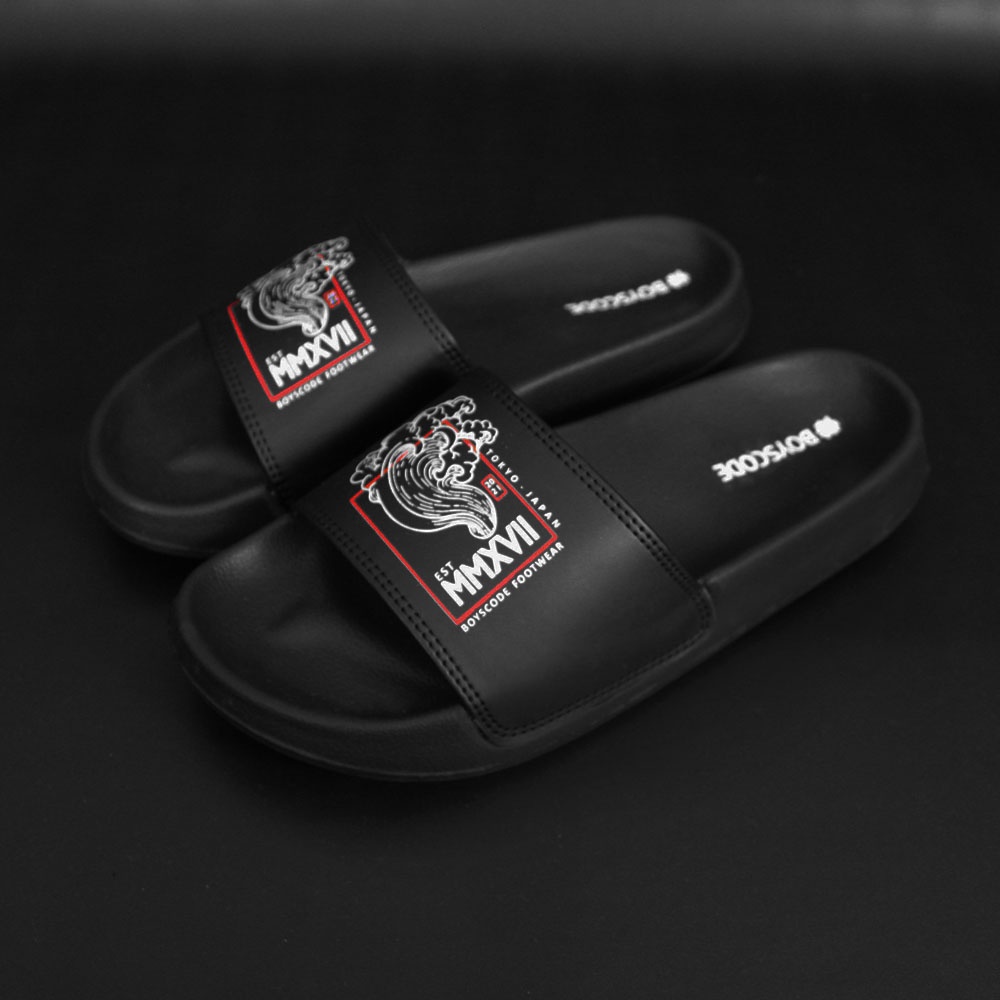 Sendal Selop Pria Wanita Distro Boyscode Japanesse Wind Black / Sendal Slip On Pria / Sendal Slide Pria