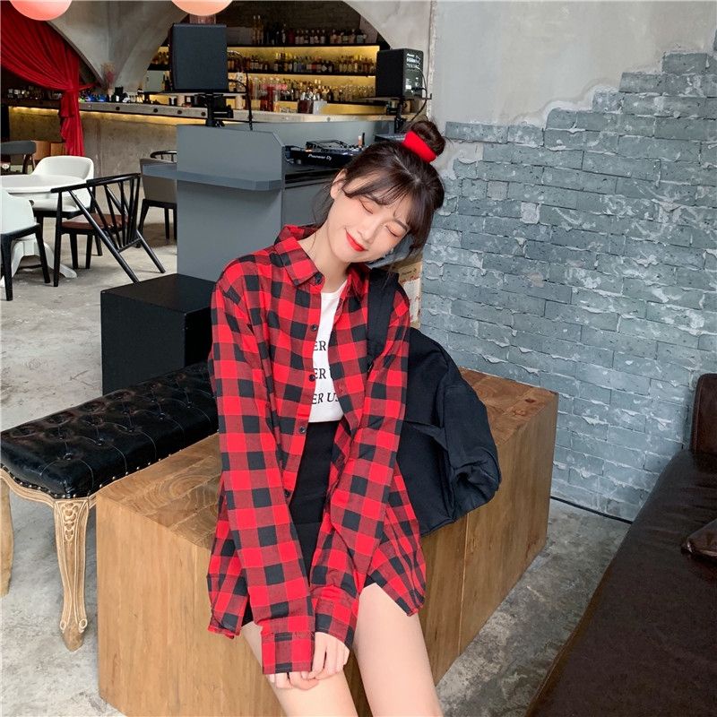 GSL KEMEJA WANITA CASUAL JUMBO KOREA LENGAN PANJANG IMPORT POLOS KOTAK KOTAK OVERSIZE Baju Kemeja Atasan Wanita Hitam Puith Terbaru 2021 Kekinian Viral-3