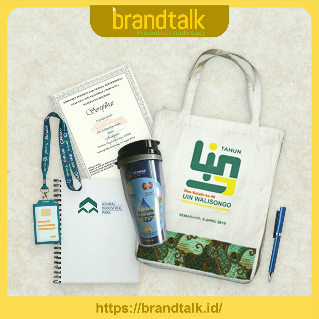

Paket Seminar Kit Isi 6 - Tas, Pulpen, Notebook, Lanyard, Sertifikat, Tumbler