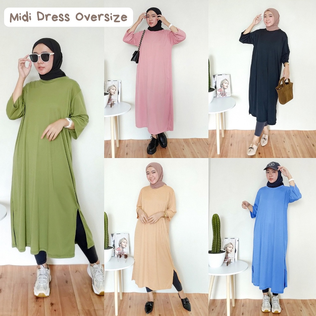 Midi Dress Oversize Polos Jumbo Bahan Katun - Tunik Polos Oversize Korea