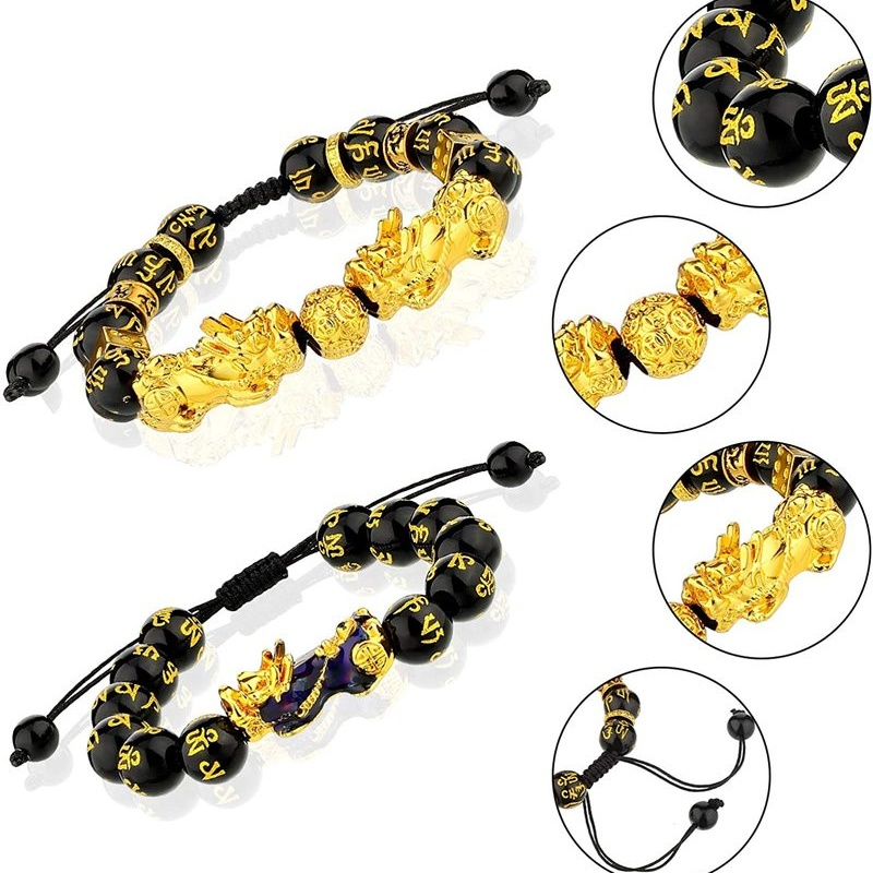 Set Gelang Tangan Elastis Adjustable + Kalung Manik-Manik Batu Obsidian Untuk Pria / Wanita