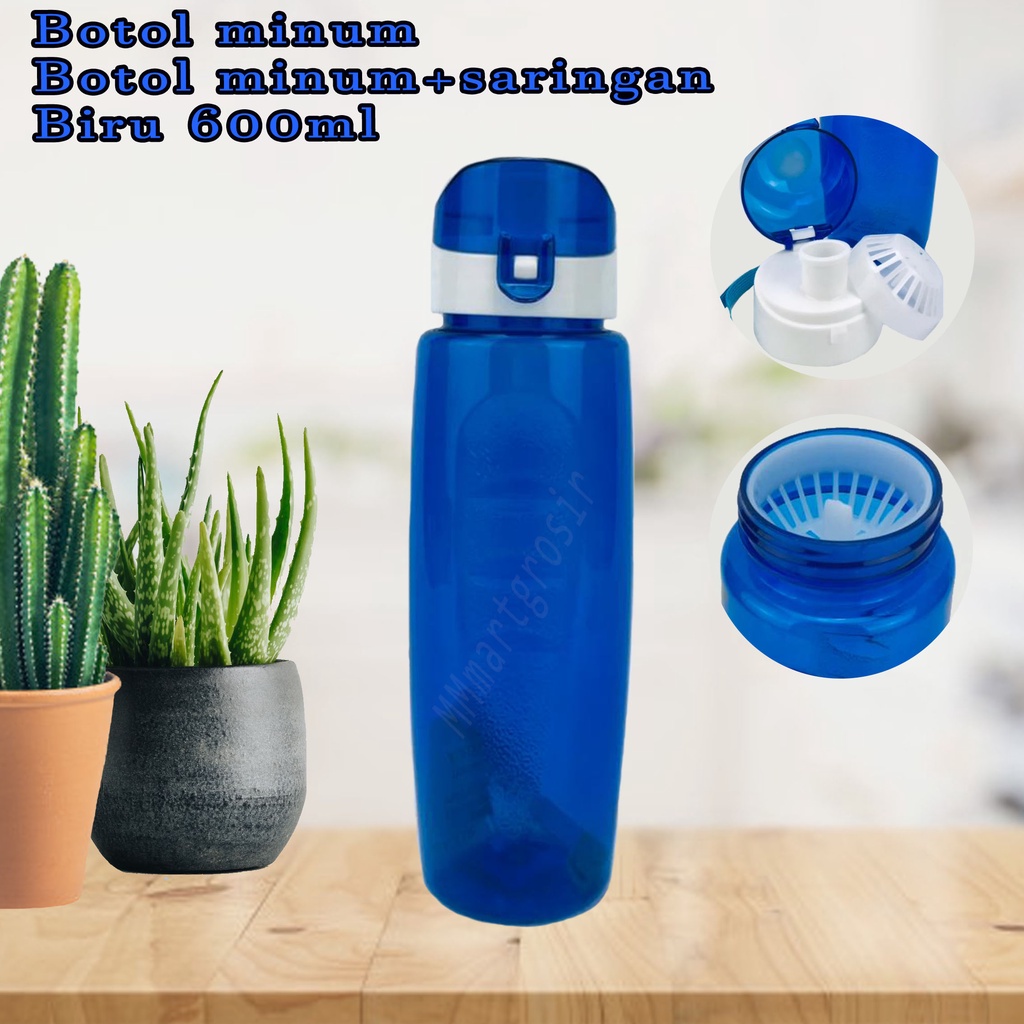 Botol minum / botol plastik / Botol minum + saringan / Warna biru / 600ml