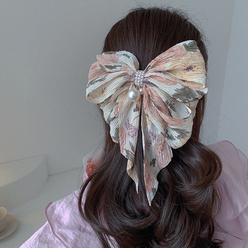 Delunashop ikat rambut motif Flower Korean Banana Hair Claw / Jepit Rambut Pisang Besar Pita Ribbon Bunga Feminim