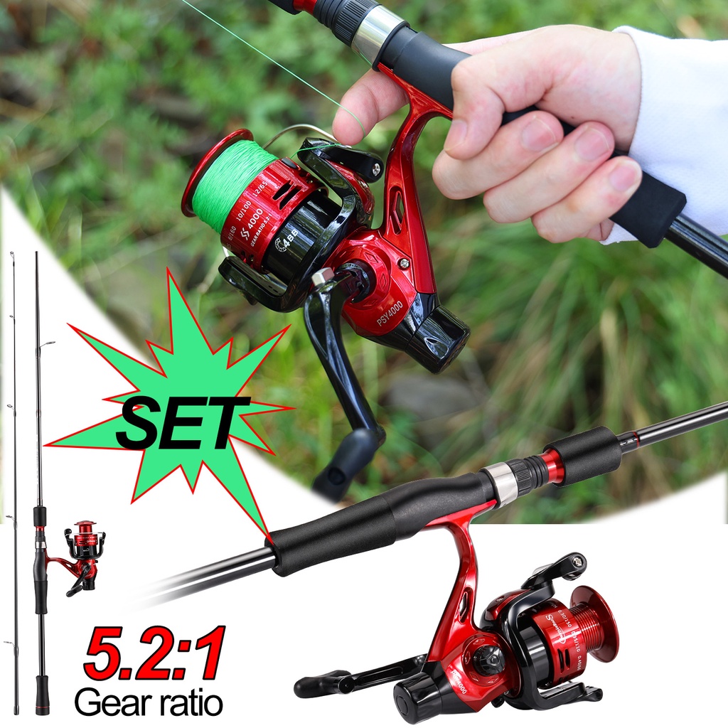 Set Pancing 2 Bagian 1.8M-2.1M Fishing Rod dan 5.2:1 Fishing Reel Set Umpan Line Full Combo