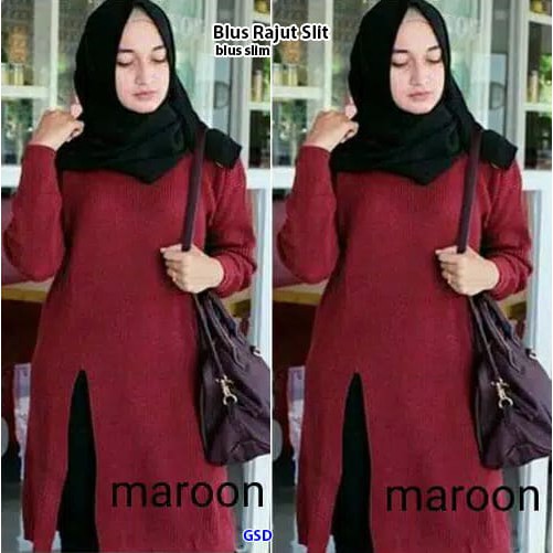 Blus Rajut Slit maron/blus wanita/blus cewek/blouse wanita/blouse cewek/blus panjang/jual blus rajut