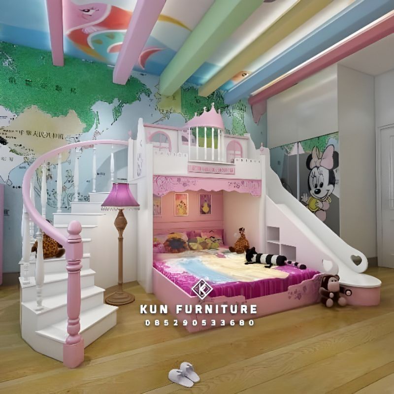 Tempat Tidur Ranjang Tingkat Anak Perosotan Mahkota Princess Istana