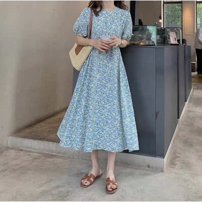 Midi dress gaun import korea style puff sleeve Biru blue