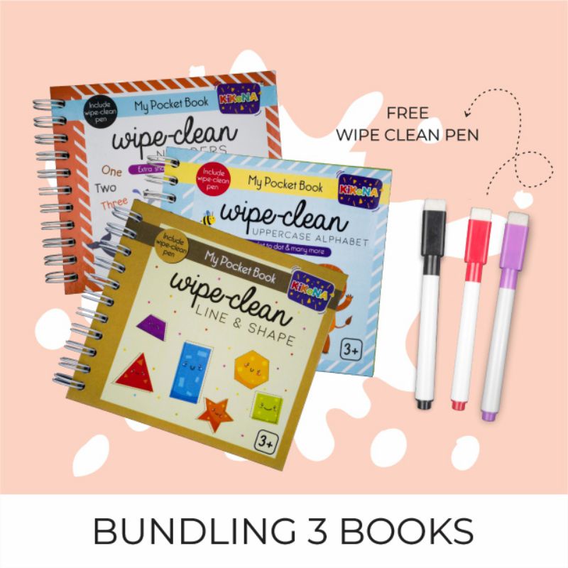 

PAKET BUNDLING - 3 BOOKS Wipe Clean Kikona Books without Pouch (FREE 3 spidol) Activity book / Buku saku anak
