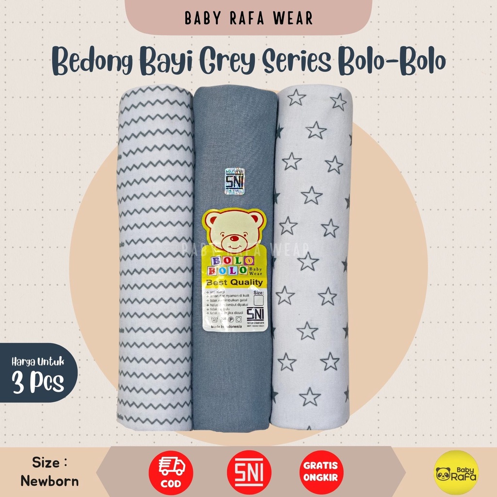 Serian Abu - 3 pcs Bedong Bayi Bahan Kaos GREY SERIES 110 x 90 cm Merk SNI Bolo - Bolo