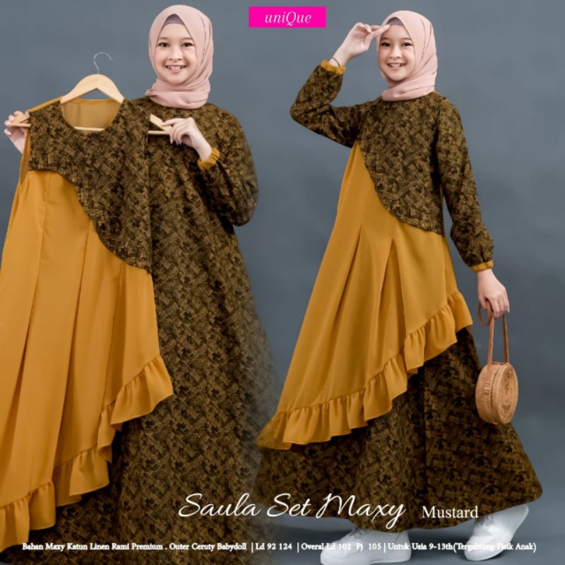 AS Saula maxy outer 2in1 anak remaja usia 10 11 12 13 14 tahun / gamis tanggung katun linen kombi ce