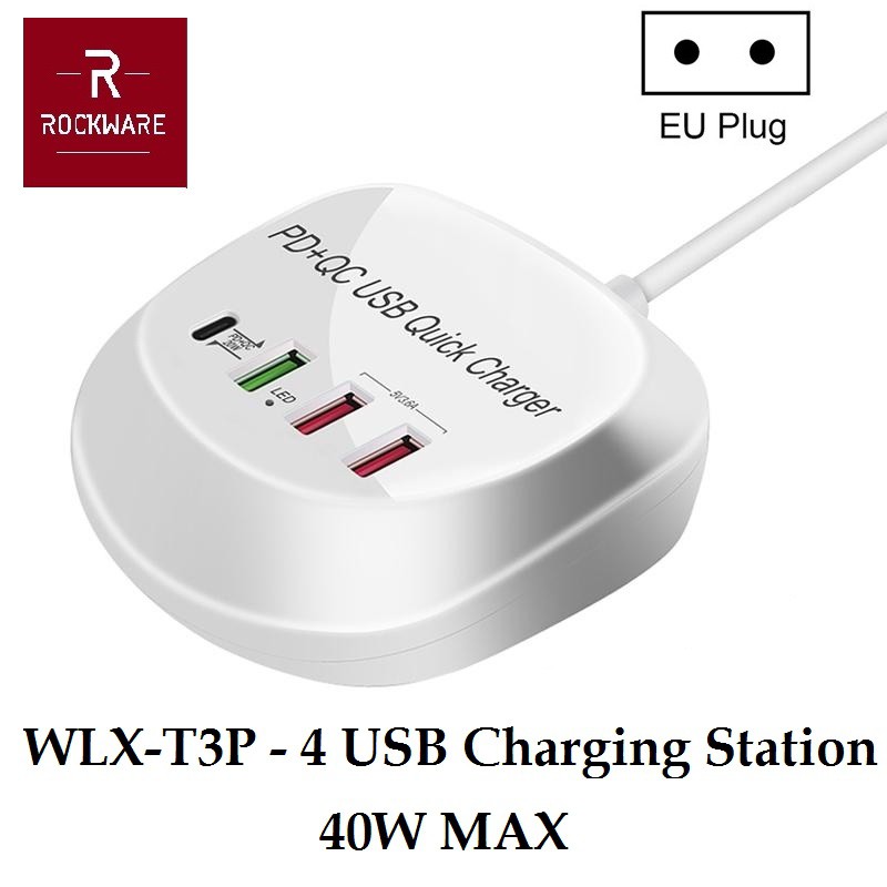 WLX-T3P - 4 USB Port Charger PD and QC 3.0 - Charger USB 2 Port + 1 QC 3.0 Port + 1 USB-C PD Port