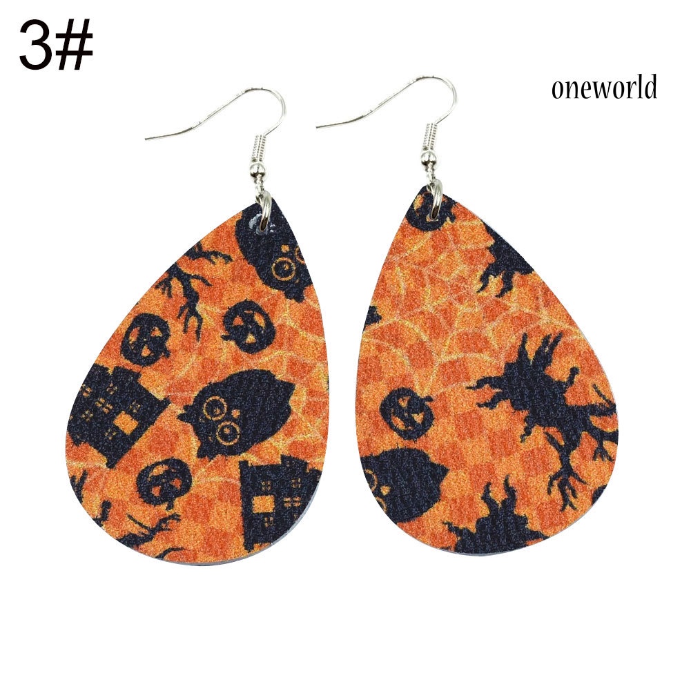 OW@ Halloween Skull Pumpkin Teardrop Faux Leather Drop Dangle Women Hook Earrings