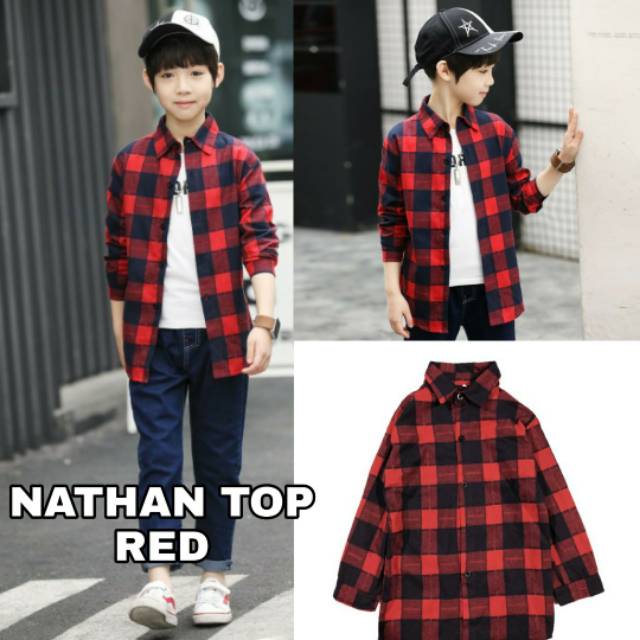 NATHAN TOP RED /KEMEJA LENGAN PANJANG ANAK LAKI LAKI MOTIF KOTAK MERAH / BAJU KOKO ANAK COWOK IMPORT