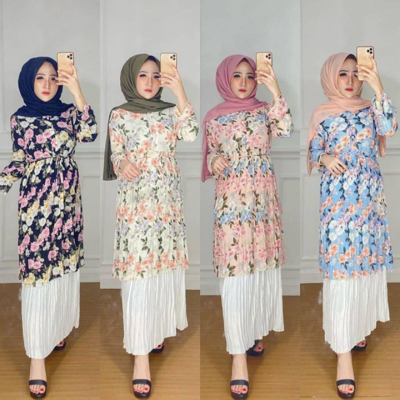 FLORAL GAMIS PLISKET DRESS MOTIF BUNGA IMPORT