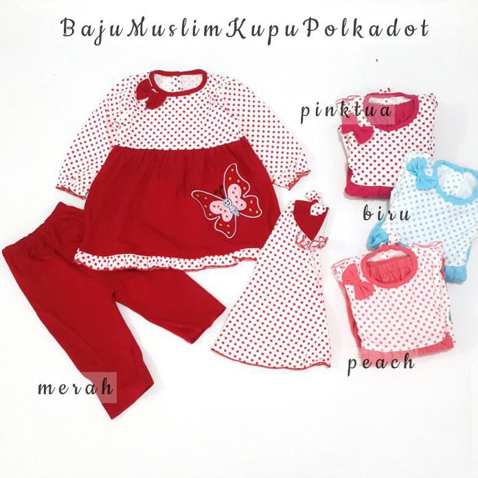 PAKAIAN MUSLIM BAYI PEREMPUAN BAJU TUNIK ANAK KUPU POLKADOT
