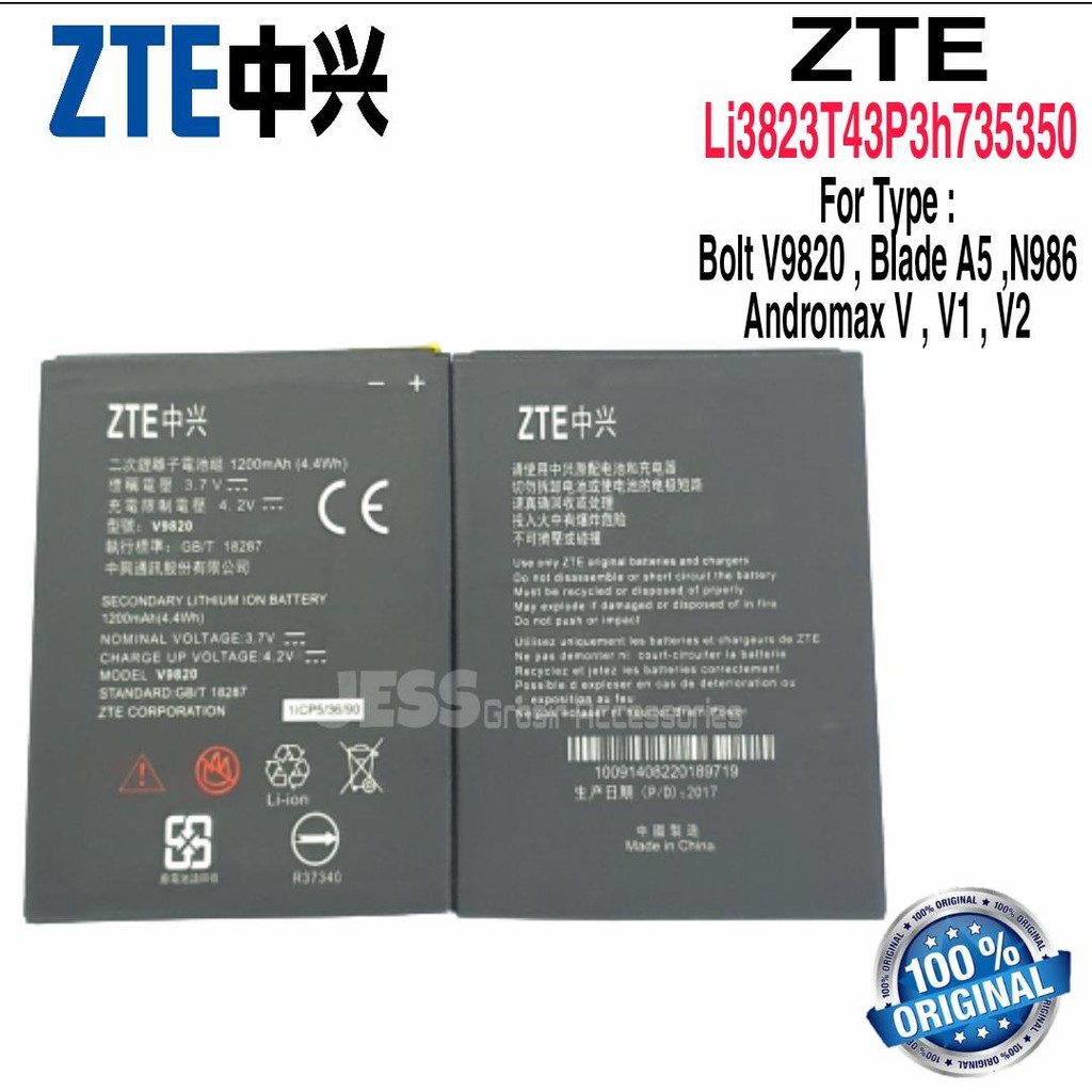 Baterai Battery Original ZTE Blade A5 Bolt V9820 4G Lte N986 Andromax V V1 V2 Li3823T43P3h735350