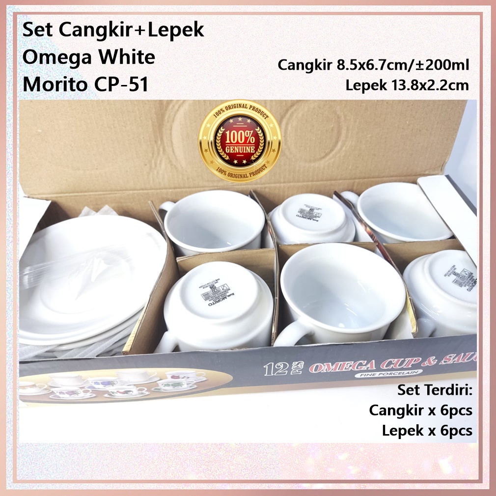 [Set 12pcs] Set Cangkir+Lepek Keramik Omega White Polos MORITO CP-51