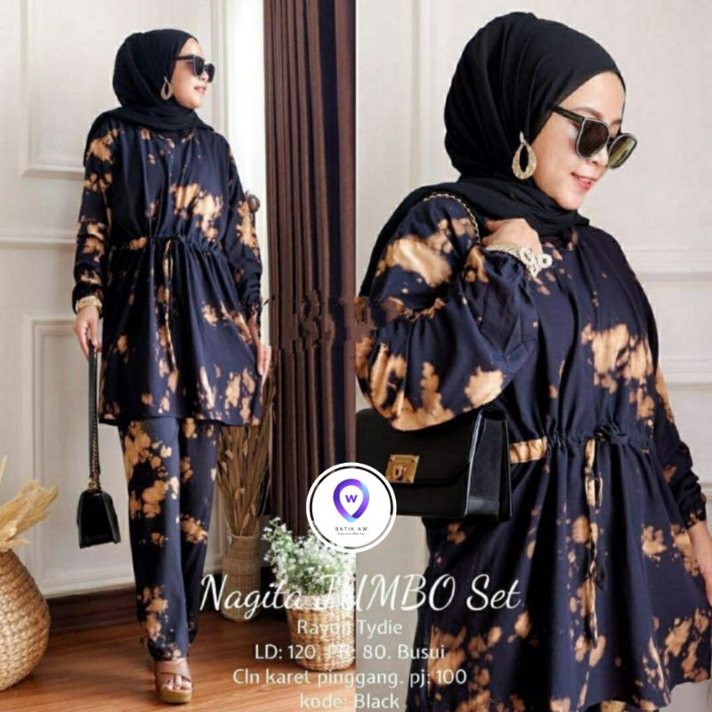 Setelan One Set Tie Dye Lengan Panjang Nagita Set Jumbo / Baju Daster Wanita Jumbo Motif Serut Murah-One Set TD Hitam