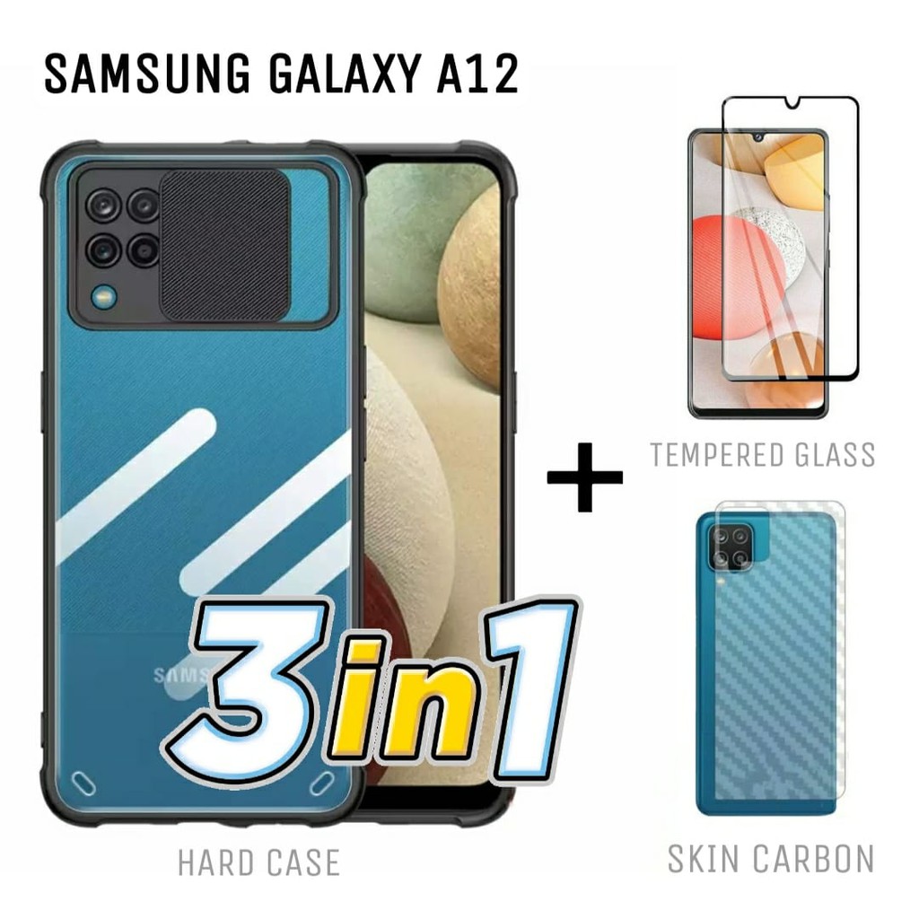 Case SAMSUNG GALAXY A12 Paket 3in1 Hard Case Fusion Sliding Free Skin Carbon & Tempered Glass Layar